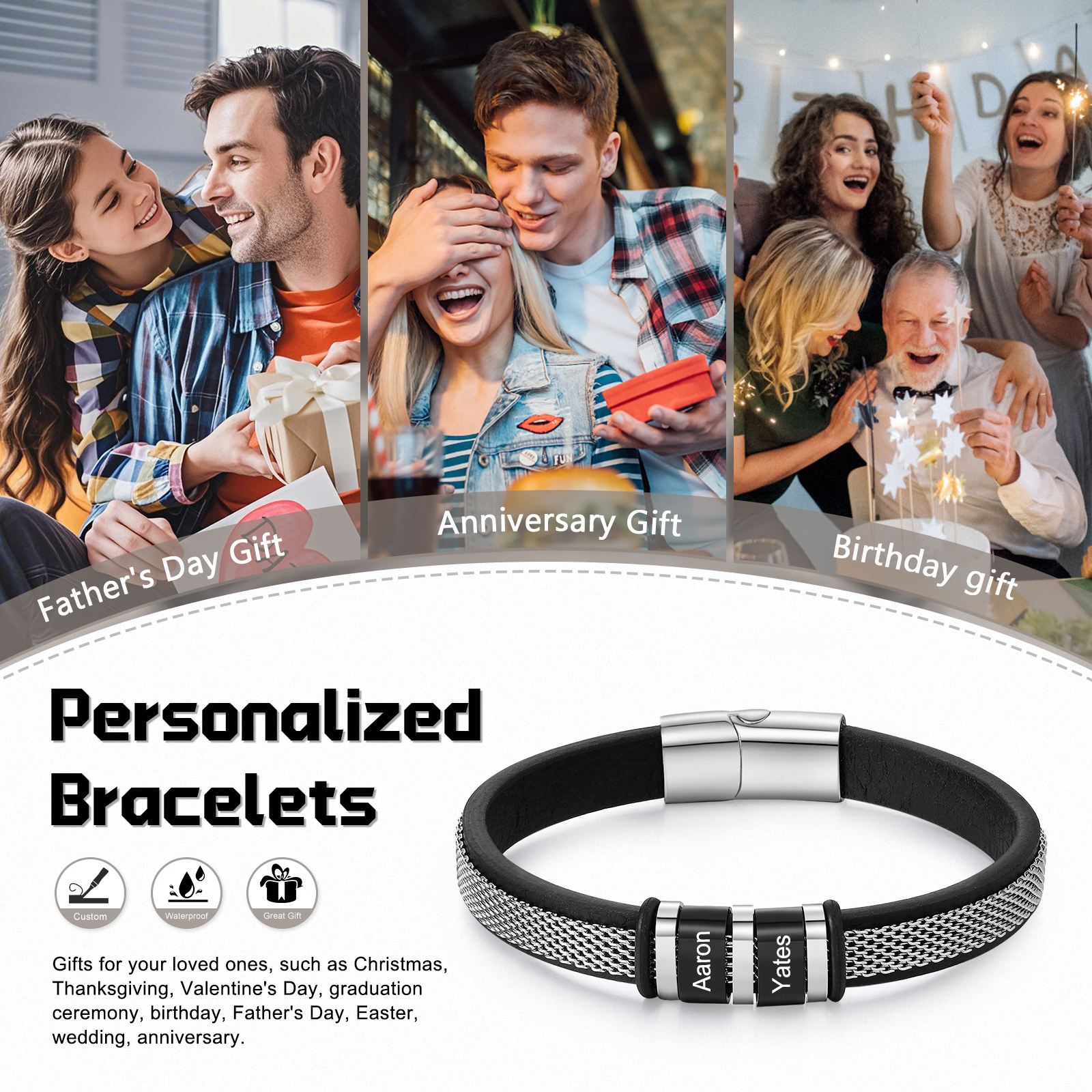 Pulsera de cadena y cuero para hombre con 2 nombres personalizados en aros | Jessemade