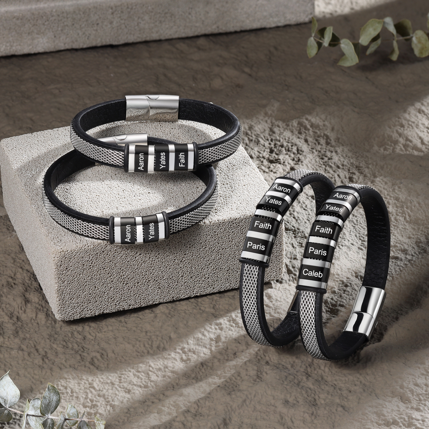Pulsera de cadena y cuero para hombre con 2 nombres personalizados en aros | Jessemade