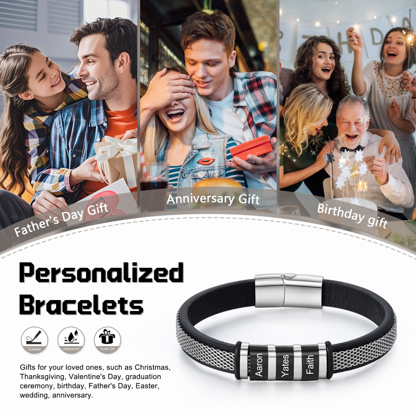 Pulsera de cadena y cuero para hombre con 3 nombres personalizados en aros | Jessemade