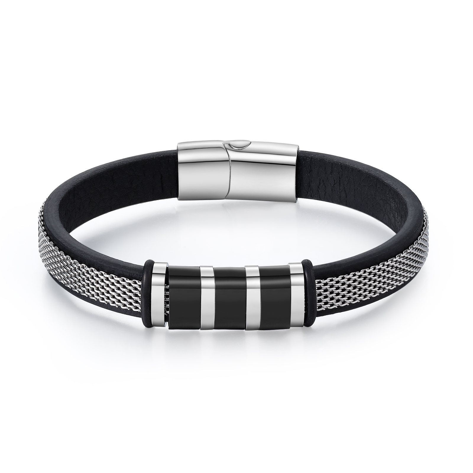 Pulsera de cadena y cuero para hombre con 3 nombres personalizados en aros | Jessemade