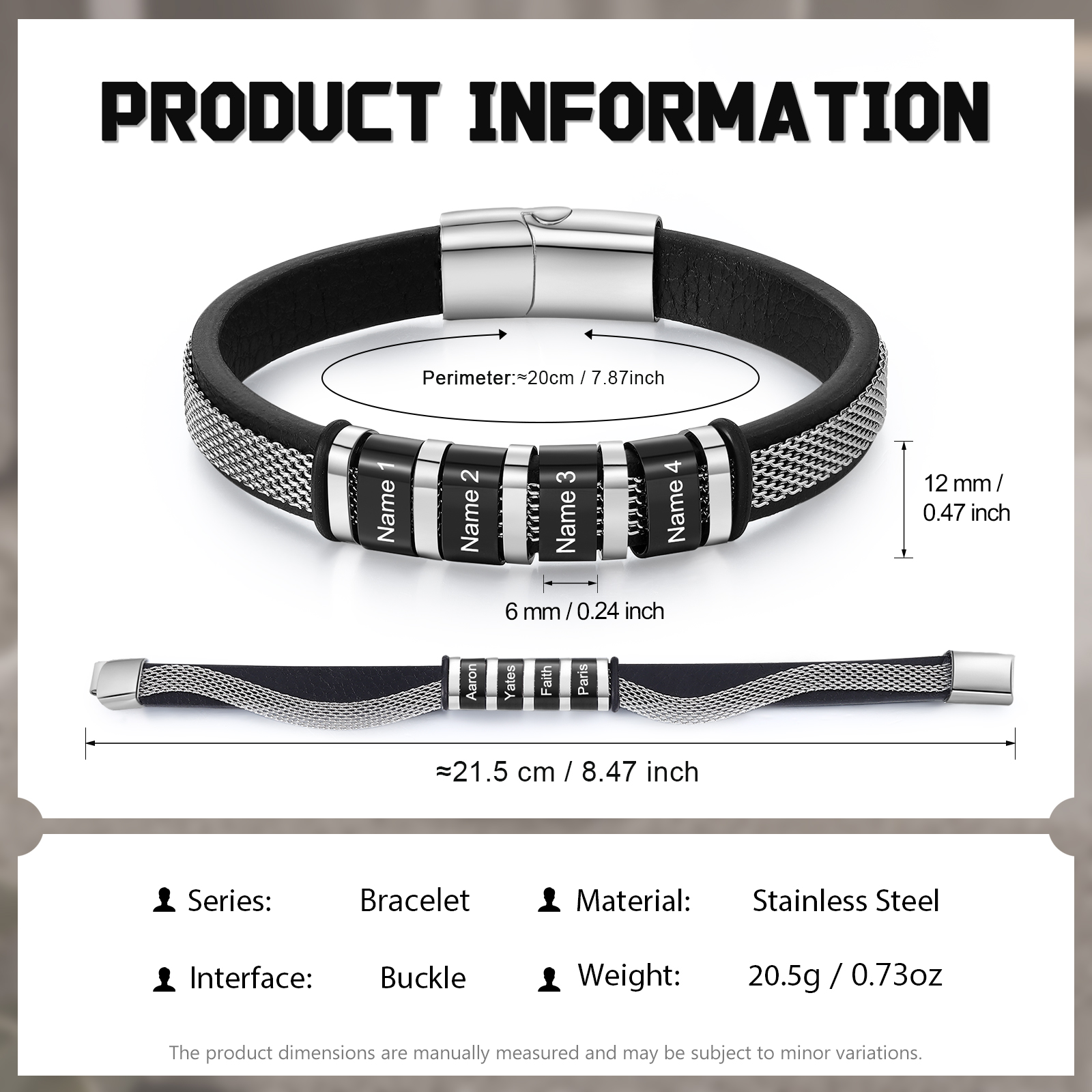 Pulsera de cadena y cuero para hombre con 4 nombres personalizados en aros | Jessemade
