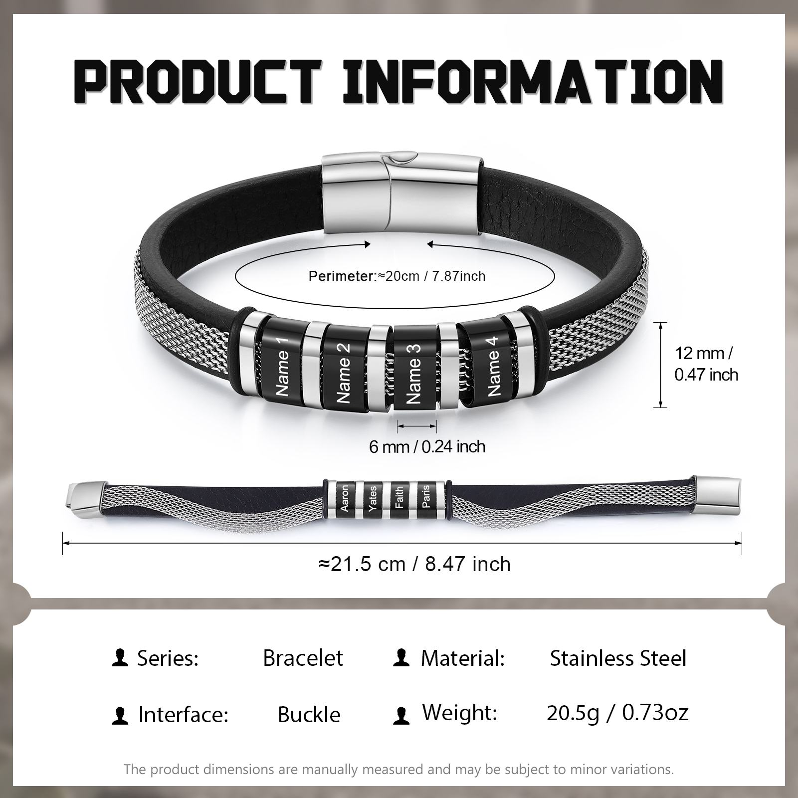 Pulsera de cadena y cuero para hombre con 4 nombres personalizados en aros | Jessemade