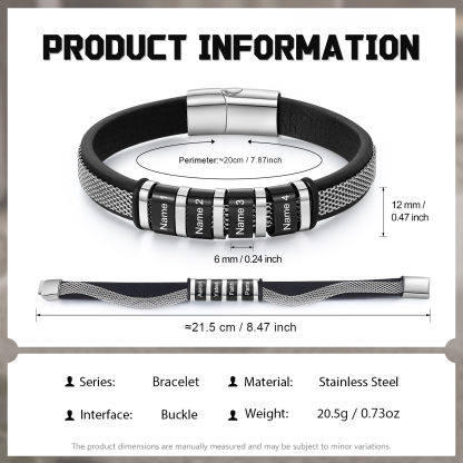 Pulsera de cadena y cuero para hombre con 4 nombres personalizados en aros | Jessemade