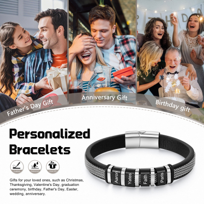 Pulsera de cadena y cuero para hombre con 4 nombres personalizados en aros | Jessemade