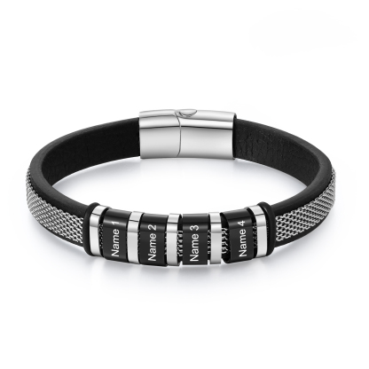 Pulsera de cadena y cuero para hombre con 4 nombres personalizados en aros | Jessemade