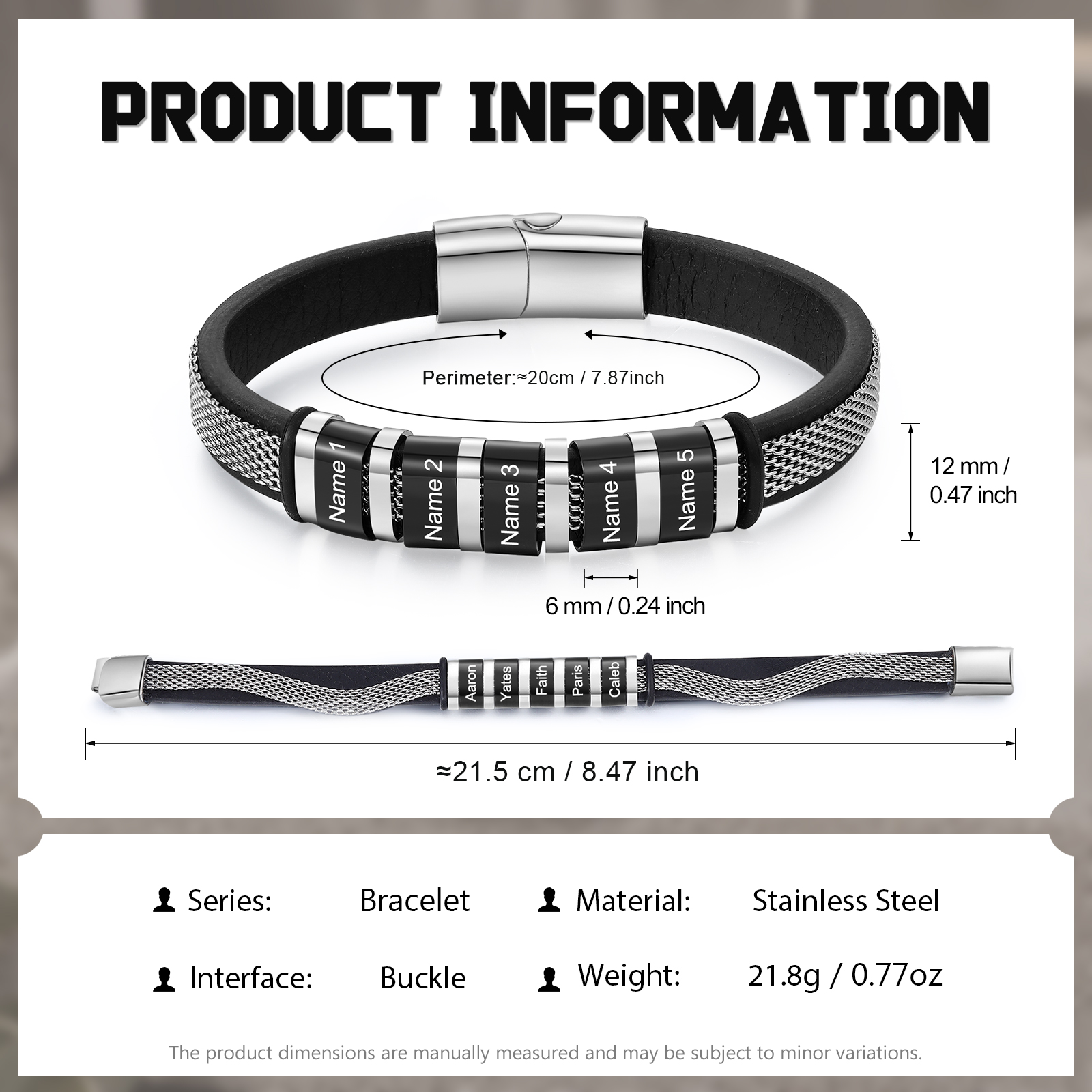 Pulsera de cadena y cuero para hombre con 5 nombres personalizados en aros | Jessemade