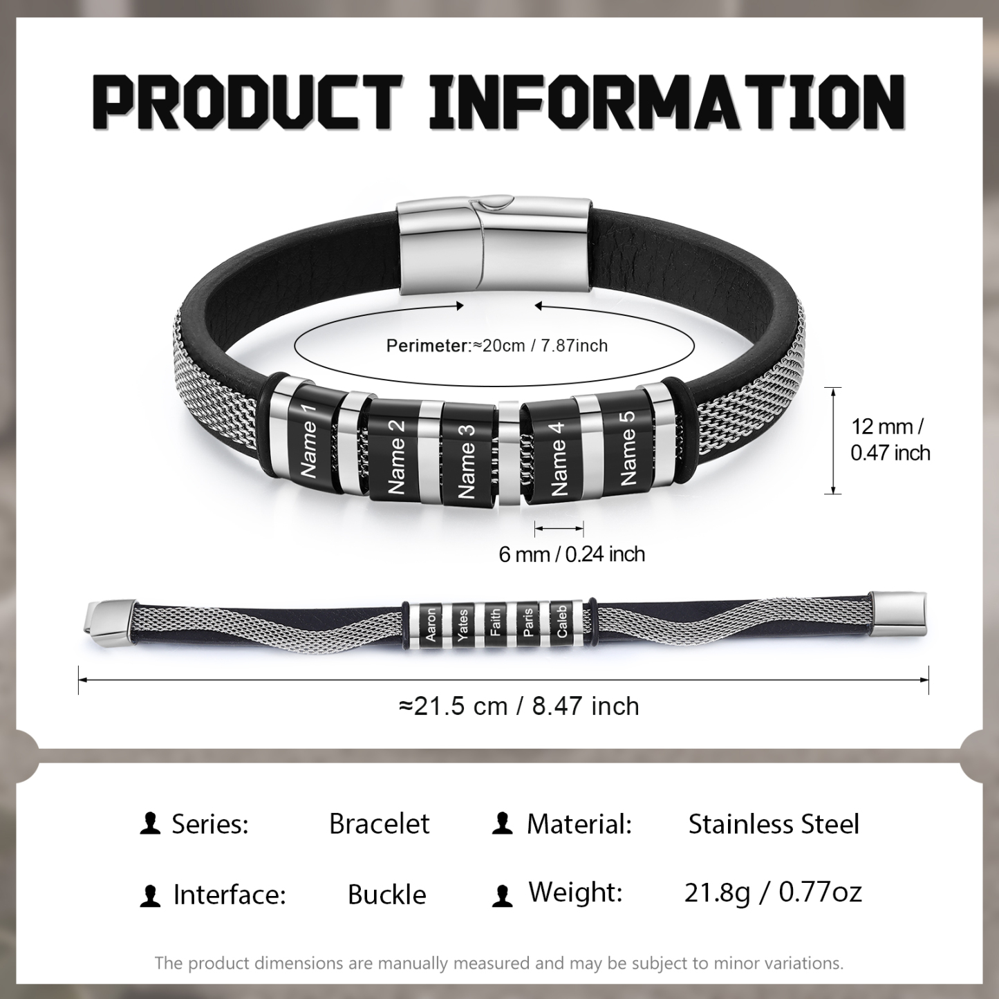 Pulsera de cadena y cuero para hombre con 5 nombres personalizados en aros | Jessemade