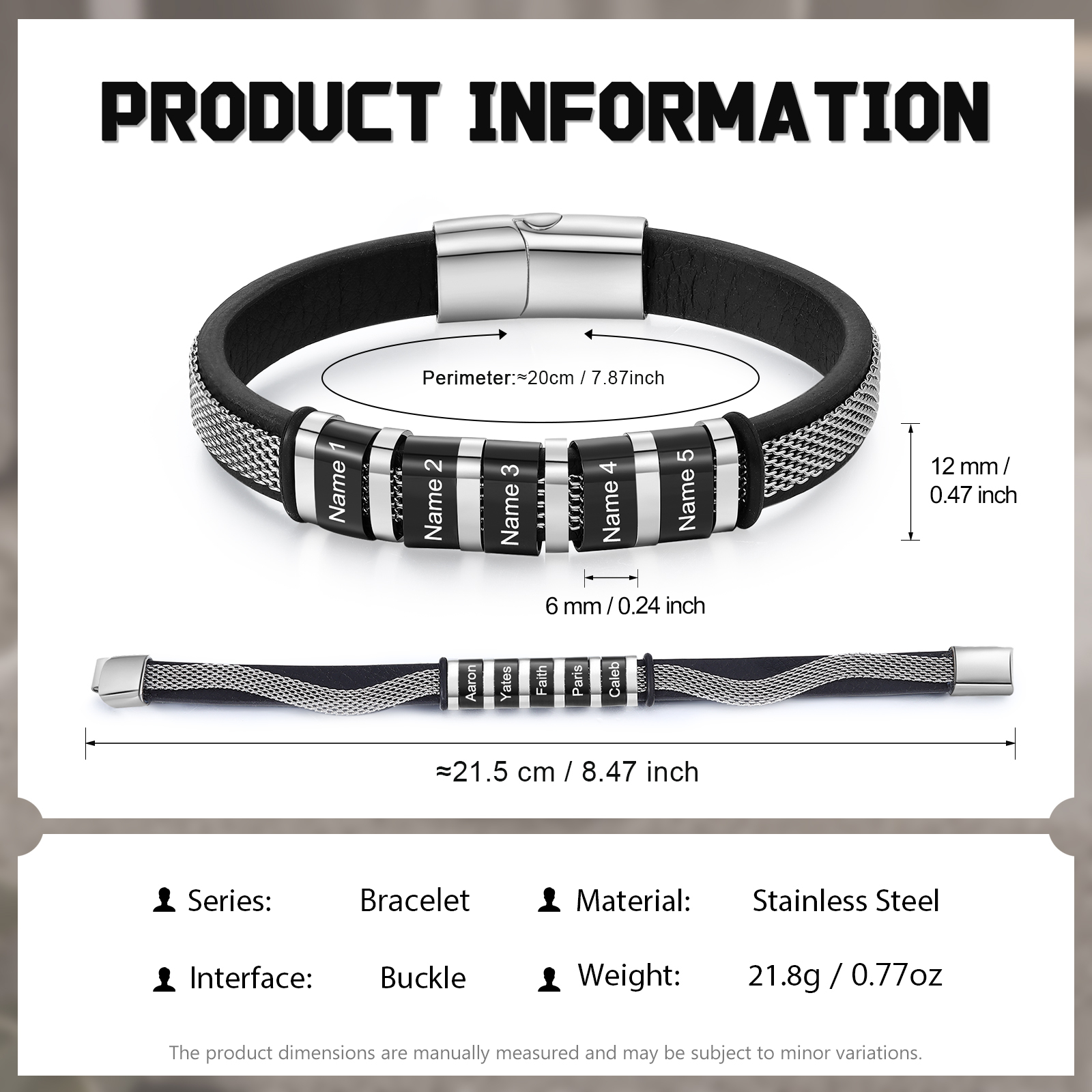 Pulsera de cadena y cuero para hombre con 5 nombres personalizados en aros | Jessemade