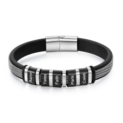 Pulsera de cadena y cuero para hombre con 5 nombres personalizados en aros | Jessemade