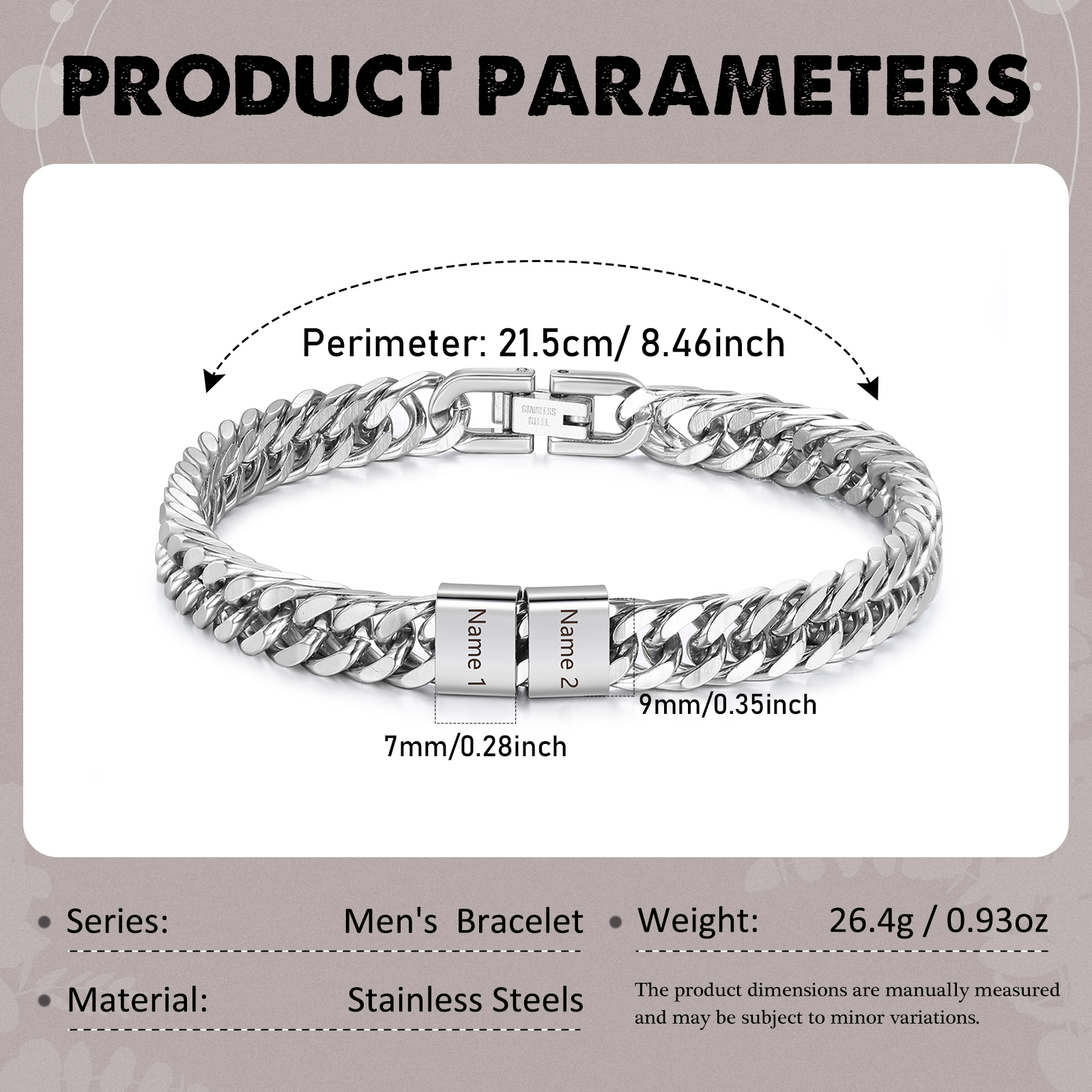 Pulsera de de cadena cubana para hombre con 2 nombres personalizados en aros | Jessemade