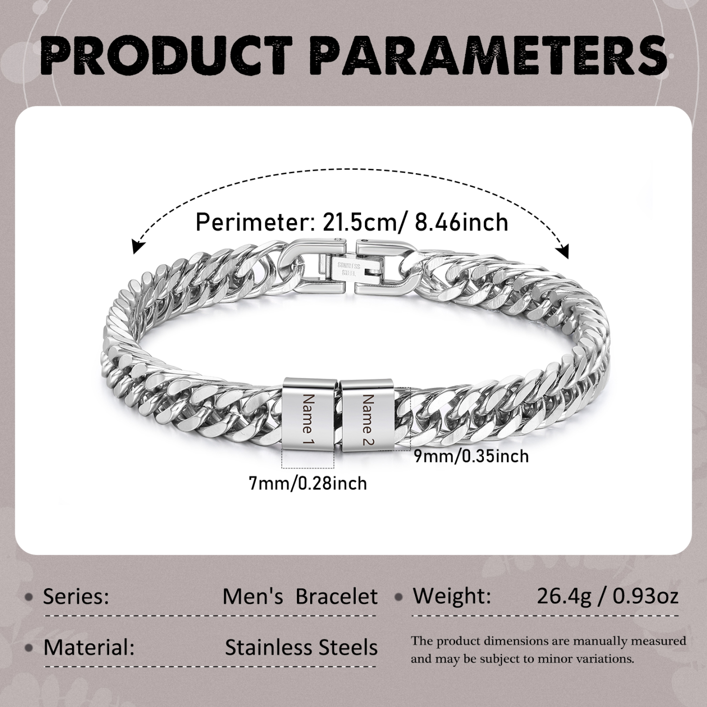 Pulsera de de cadena cubana para hombre con 2 nombres personalizados en aros | Jessemade