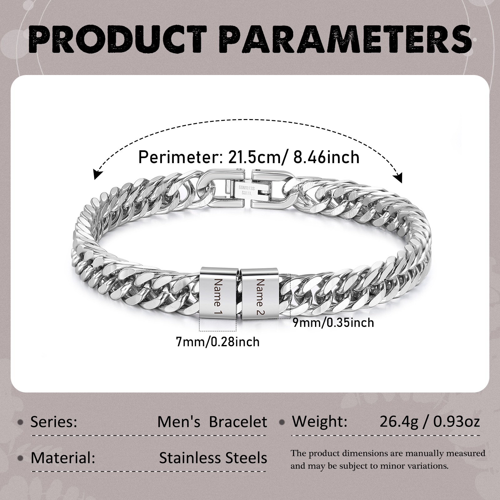 Pulsera de de cadena cubana para hombre con 2 nombres personalizados en aros | Jessemade