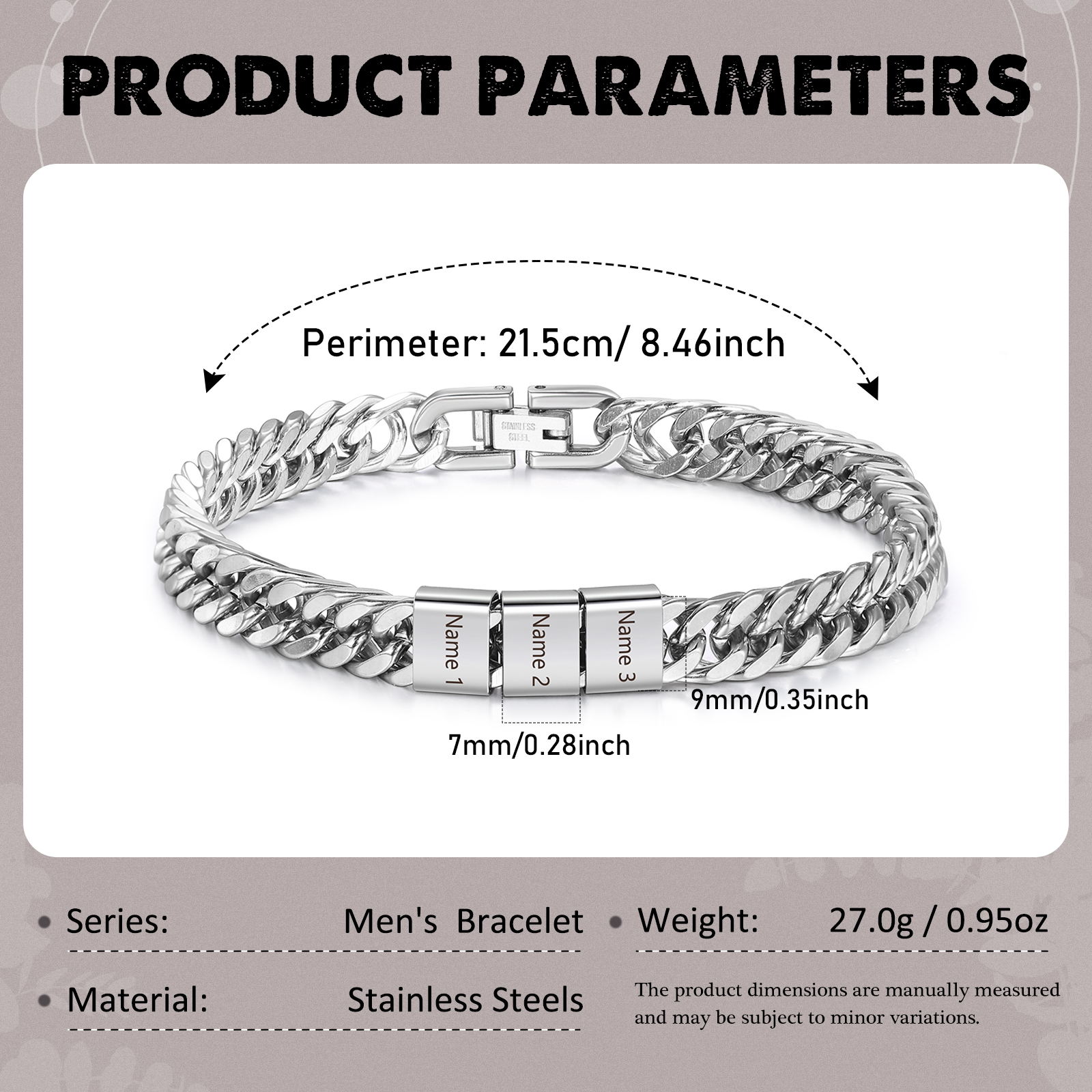 Pulsera de de cadena cubana para hombre con 3 nombres personalizados en aros | Jessemade