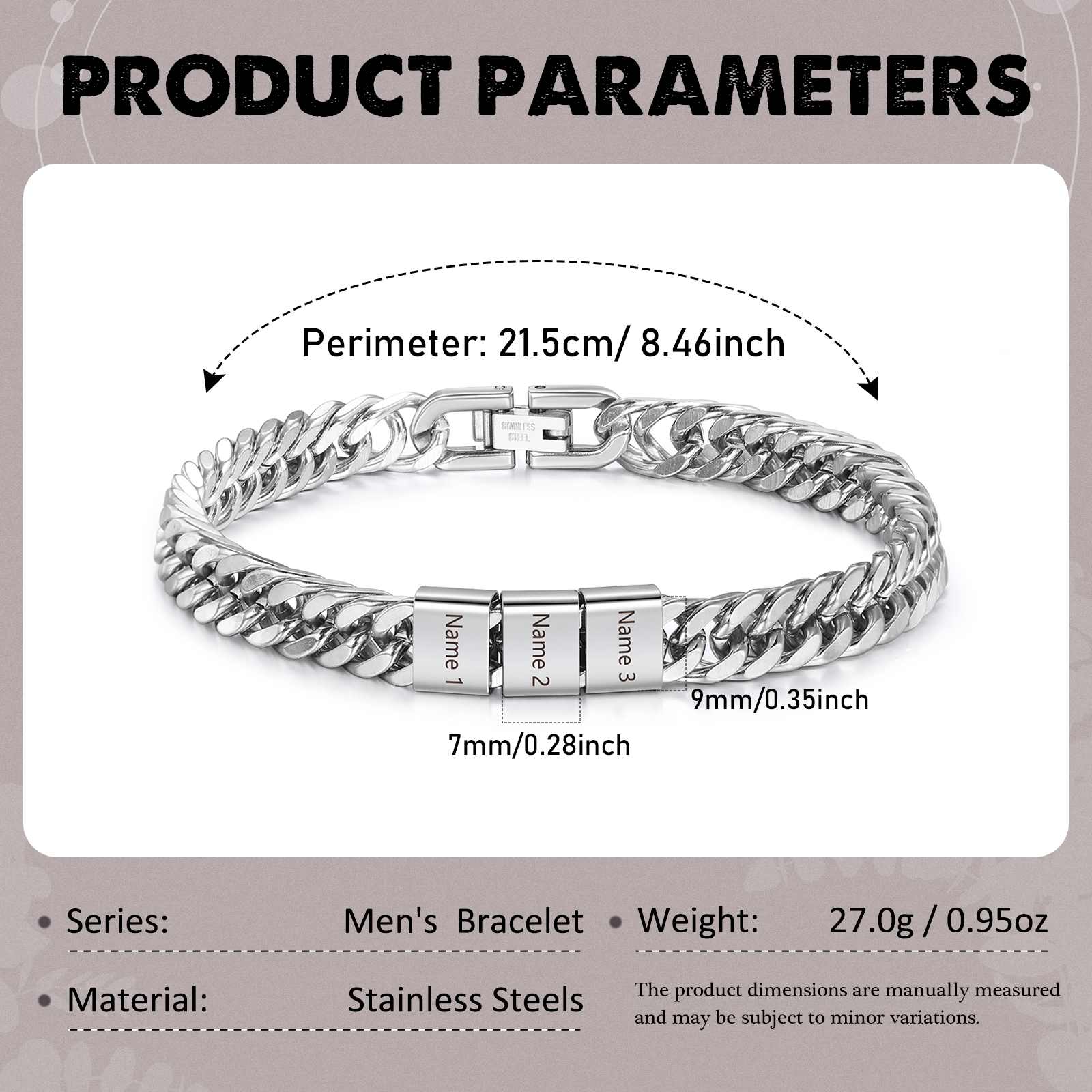 Pulsera de de cadena cubana para hombre con 3 nombres personalizados en aros | Jessemade
