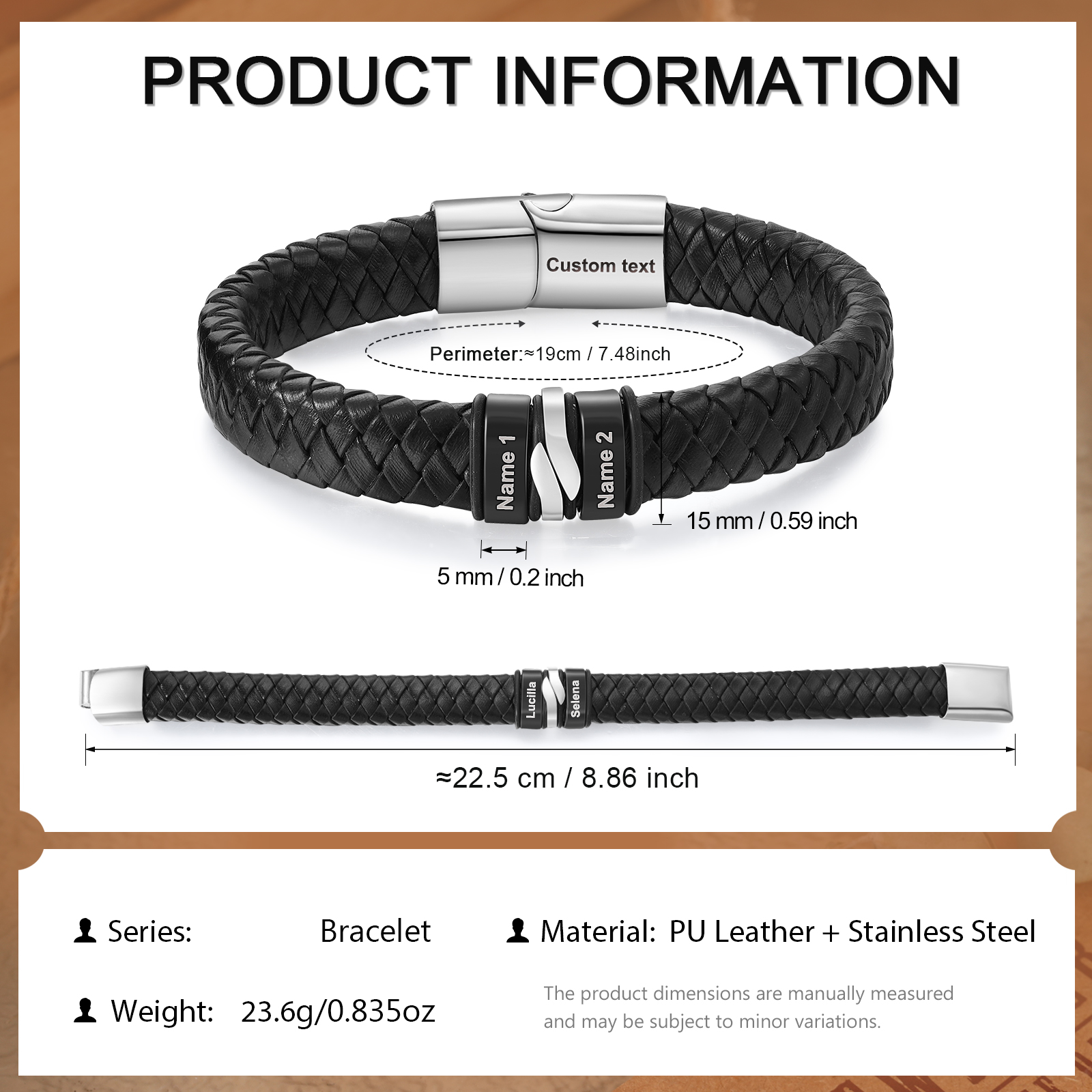 Pulsera de cuero trenzado para hombre con 2 nombres y 1 texto personalizados en aros | Jessemade