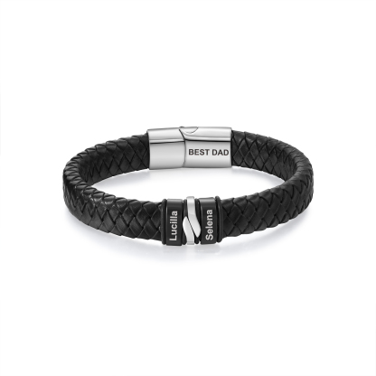Pulsera de cuero trenzado para hombre con 2 nombres y 1 texto personalizados en aros | Jessemade