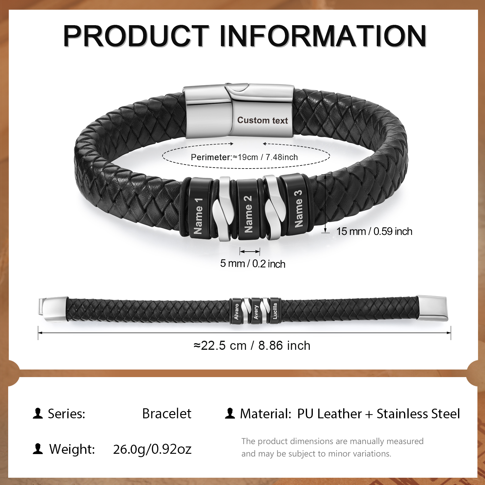 Pulsera de cuero trenzado para hombre con 3 nombres y 1 texto personalizados en aros | Jessemade
