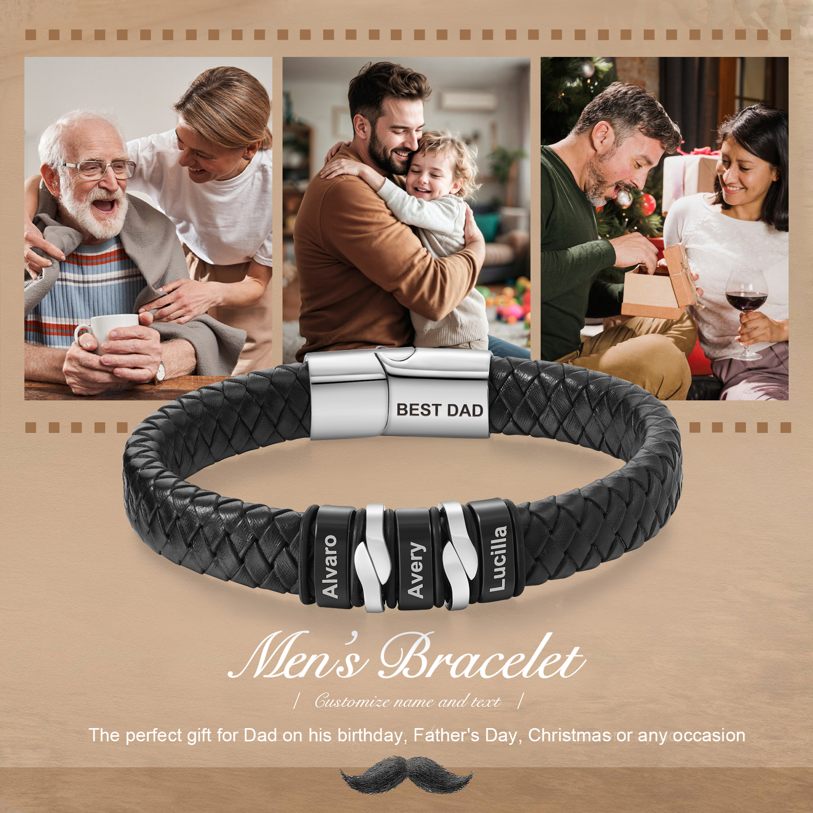 Pulsera de cuero trenzado para hombre con 3 nombres y 1 texto personalizados en aros | Jessemade