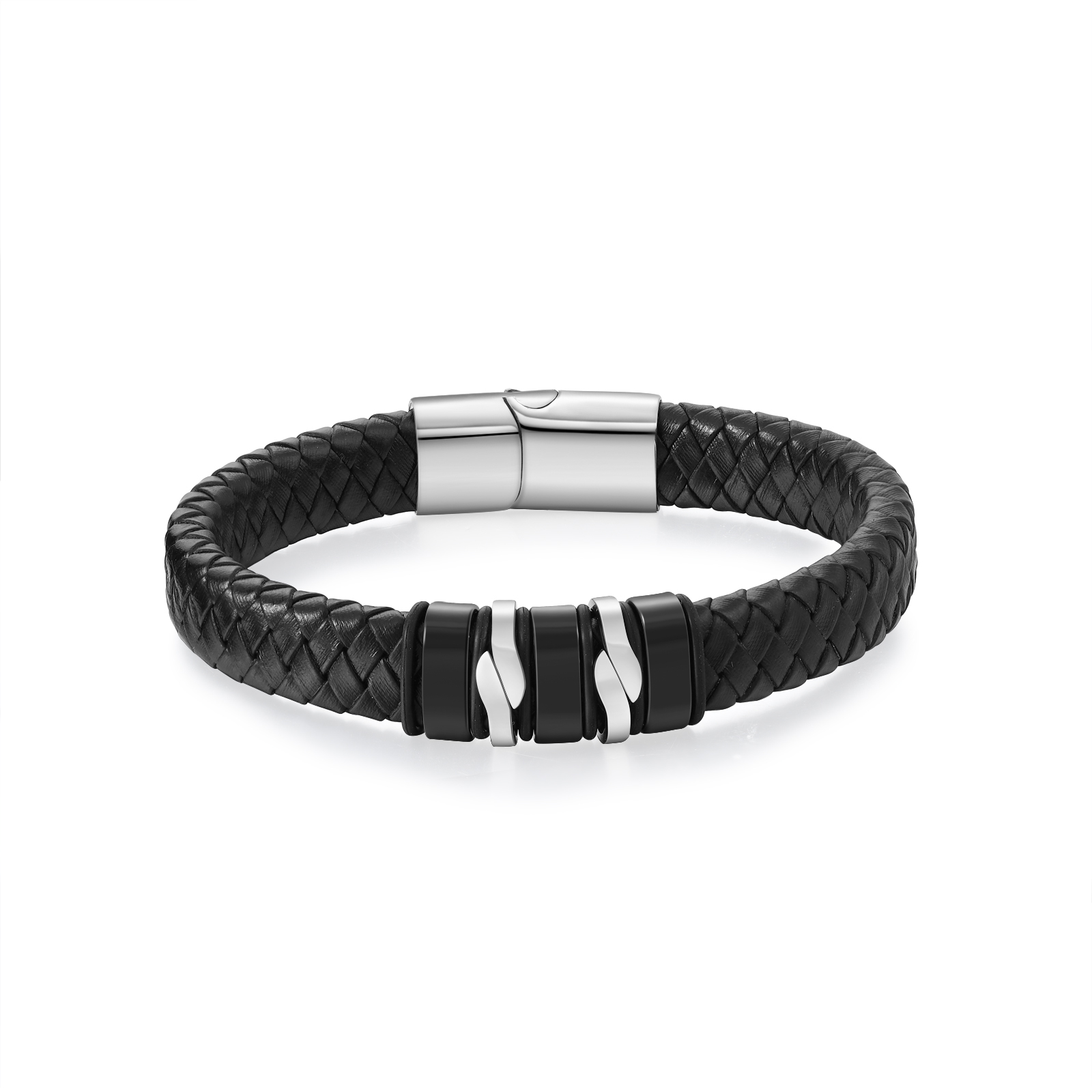 Pulsera de cuero trenzado para hombre con 3 nombres y 1 texto personalizados en aros | Jessemade
