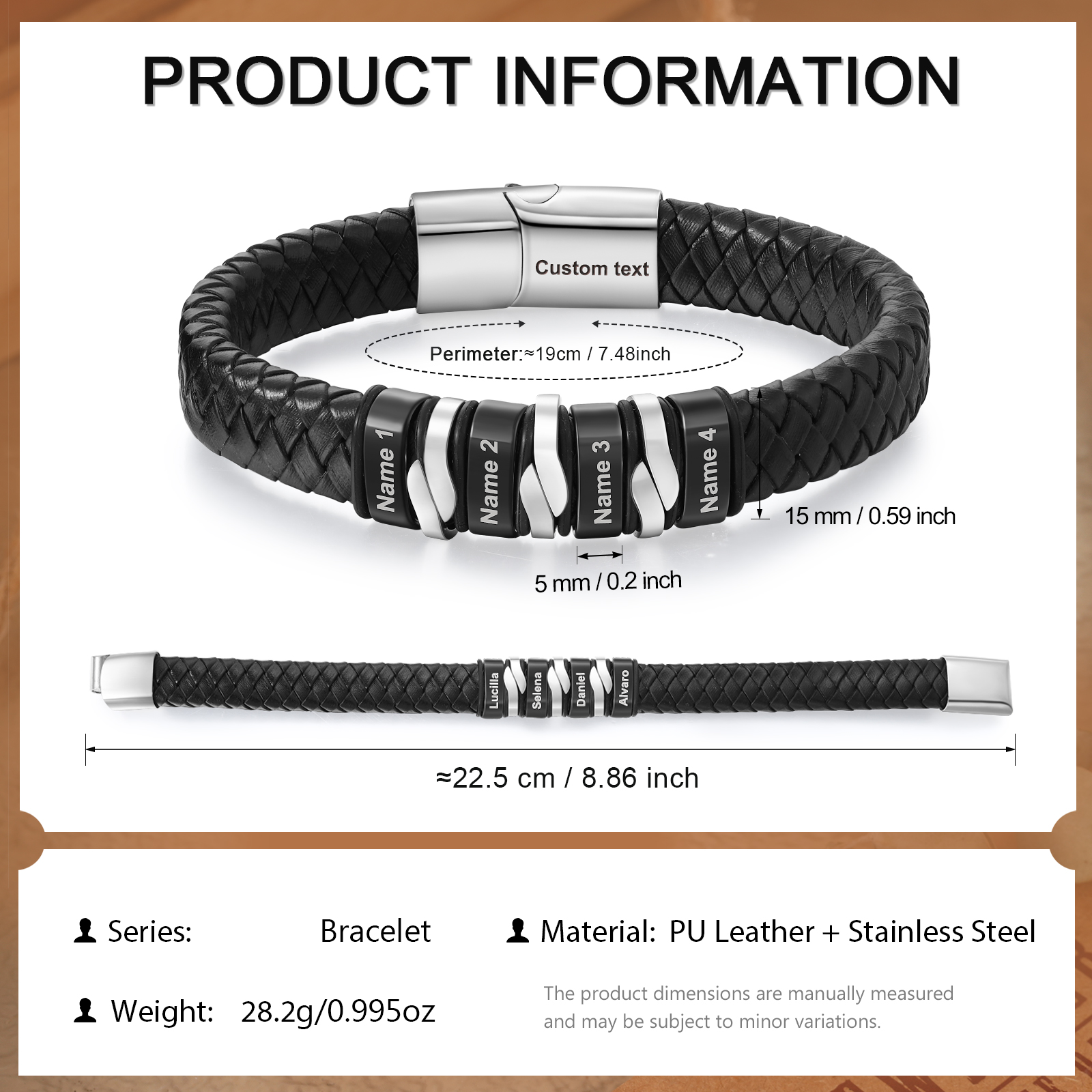 Pulsera de cuero trenzado para hombre con 4 nombres y 1 texto personalizados en aros | Jessemade