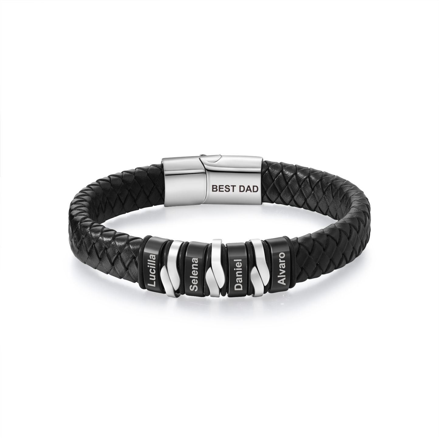 Pulsera de cuero trenzado para hombre con 4 nombres y 1 texto personalizados en aros | Jessemade