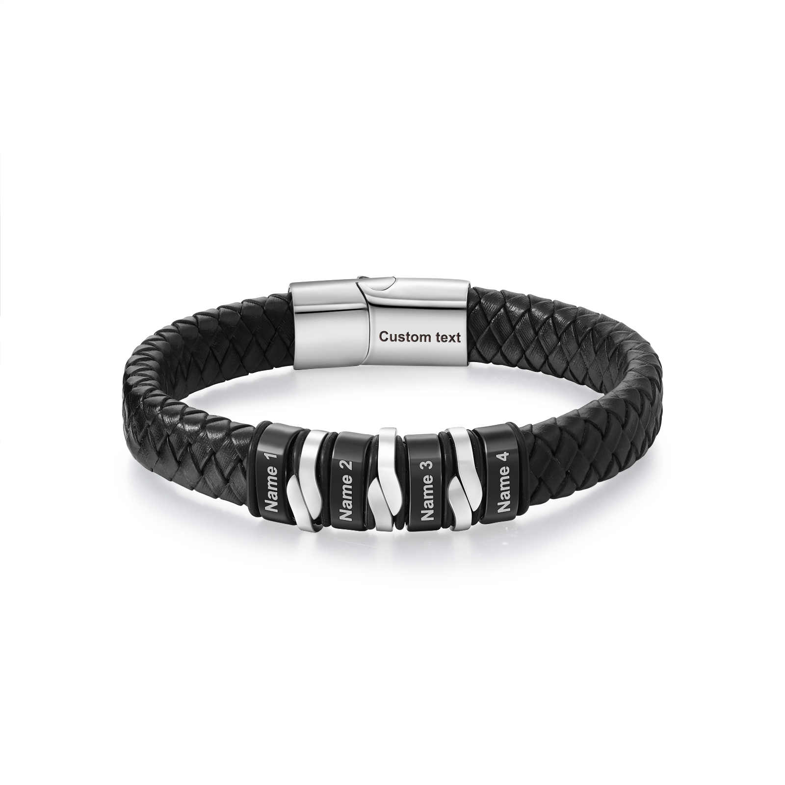 Pulsera de cuero trenzado para hombre con 4 nombres y 1 texto personalizados en aros | Jessemade