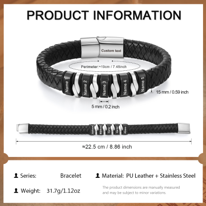 Pulsera de cuero trenzado para hombre con 5 nombres y 1 texto personalizados en aros | Jessemade