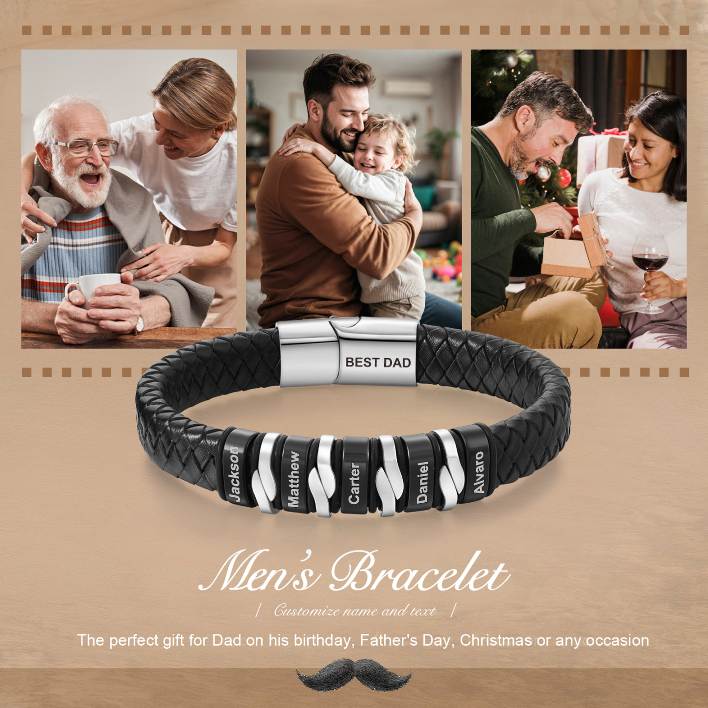 Pulsera de cuero trenzado para hombre con 5 nombres y 1 texto personalizados en aros | Jessemade