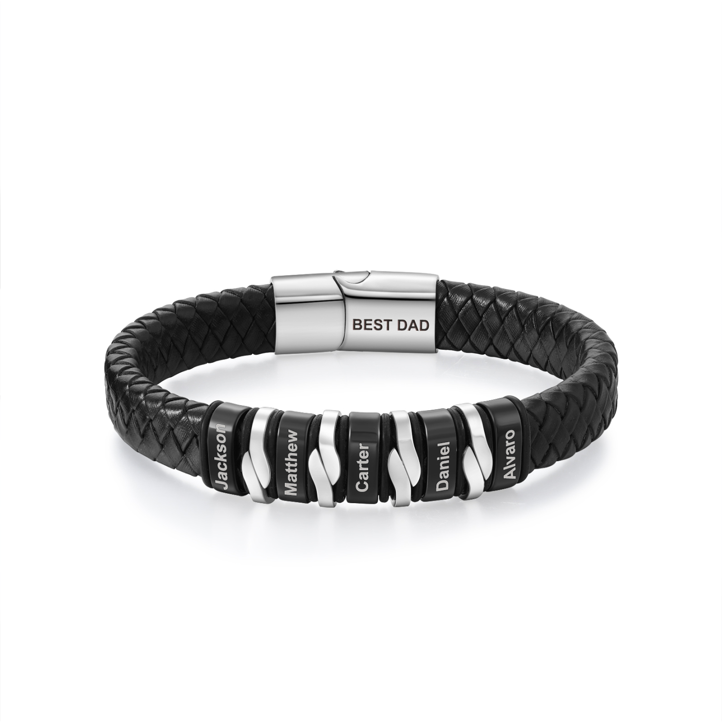 Pulsera de cuero trenzado para hombre con 5 nombres y 1 texto personalizados en aros | Jessemade