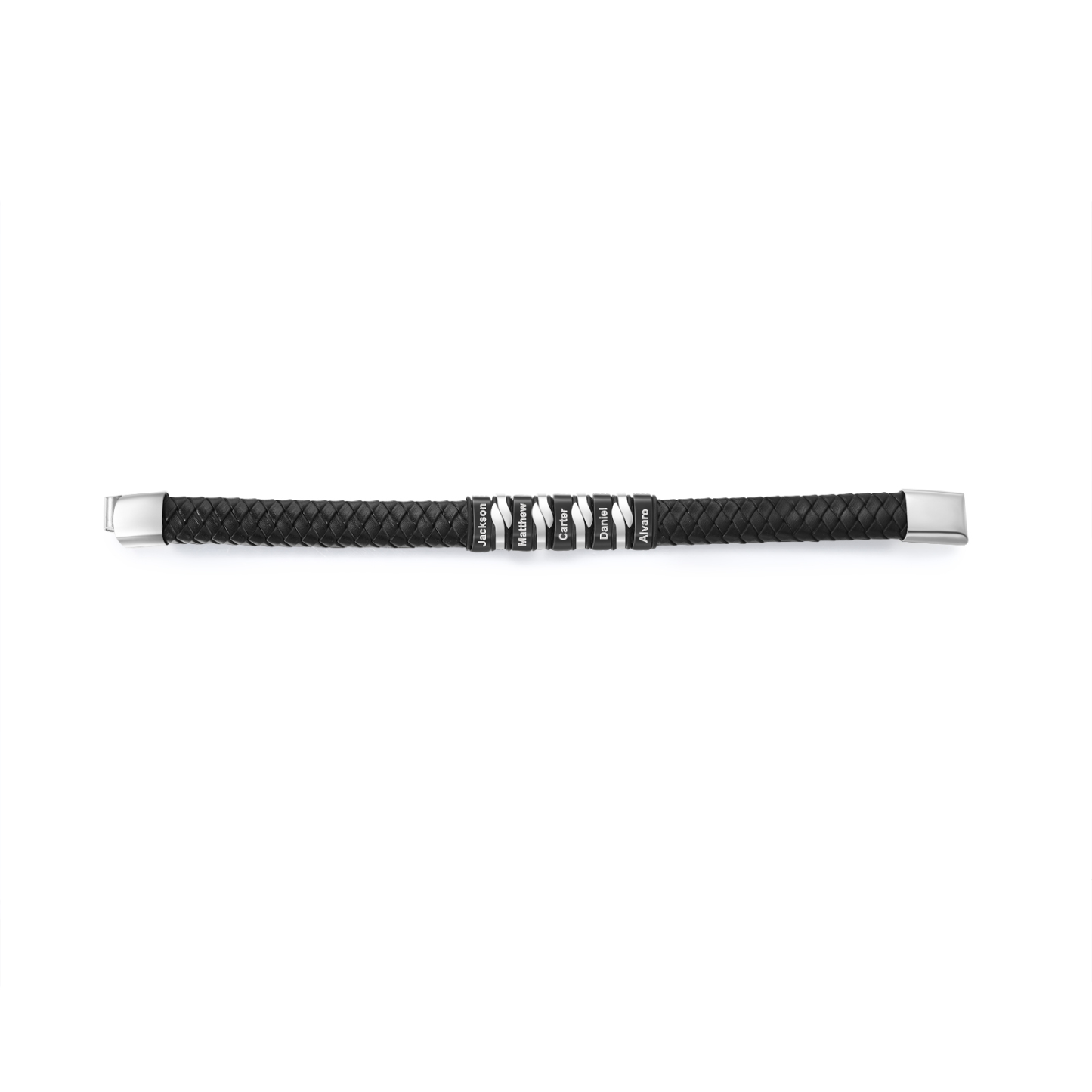 Pulsera de cuero trenzado para hombre con 5 nombres y 1 texto personalizados en aros | Jessemade
