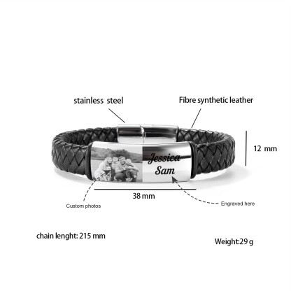 A mi papá-Pulsera de cuero trenzado personalizada con 2 nombres y 1 foto para hombre