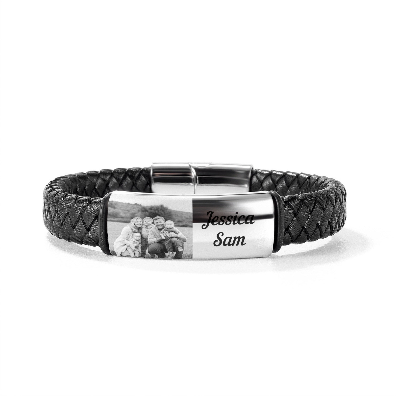 A mi papá-Pulsera de cuero trenzado personalizada con 2 nombres y 1 foto para hombre