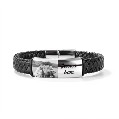 A mi papá-Pulsera de cuero trenzado personalizada con 2 nombres y 1 foto para hombre