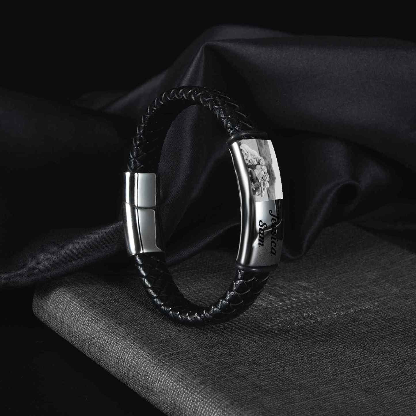 A mi papá-Pulsera de cuero trenzado personalizada con 2 nombres y 1 foto para hombre