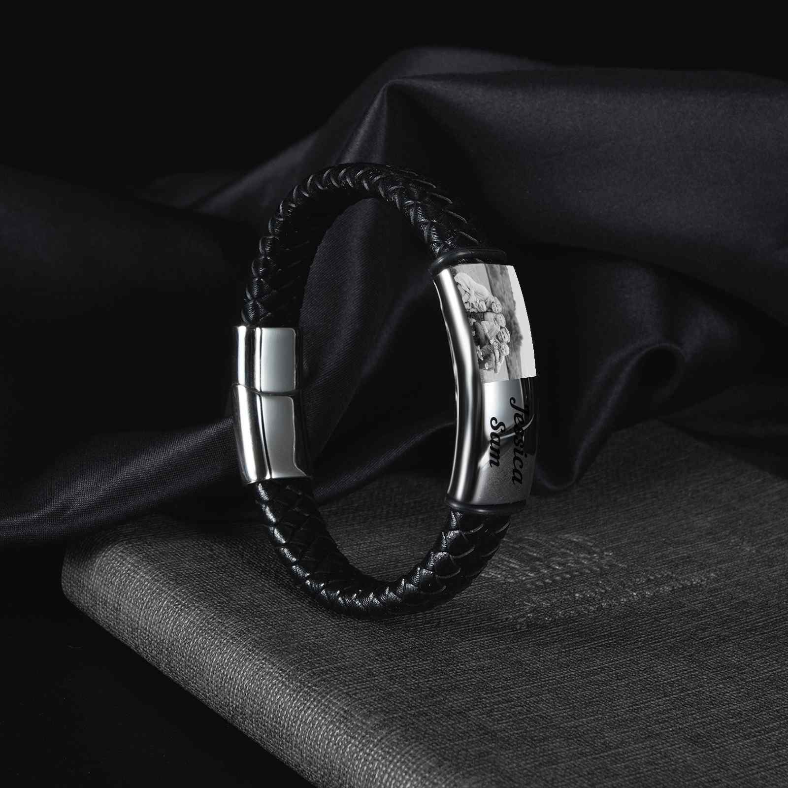 A mi papá-Pulsera de cuero trenzado personalizada con 2 nombres y 1 foto para hombre