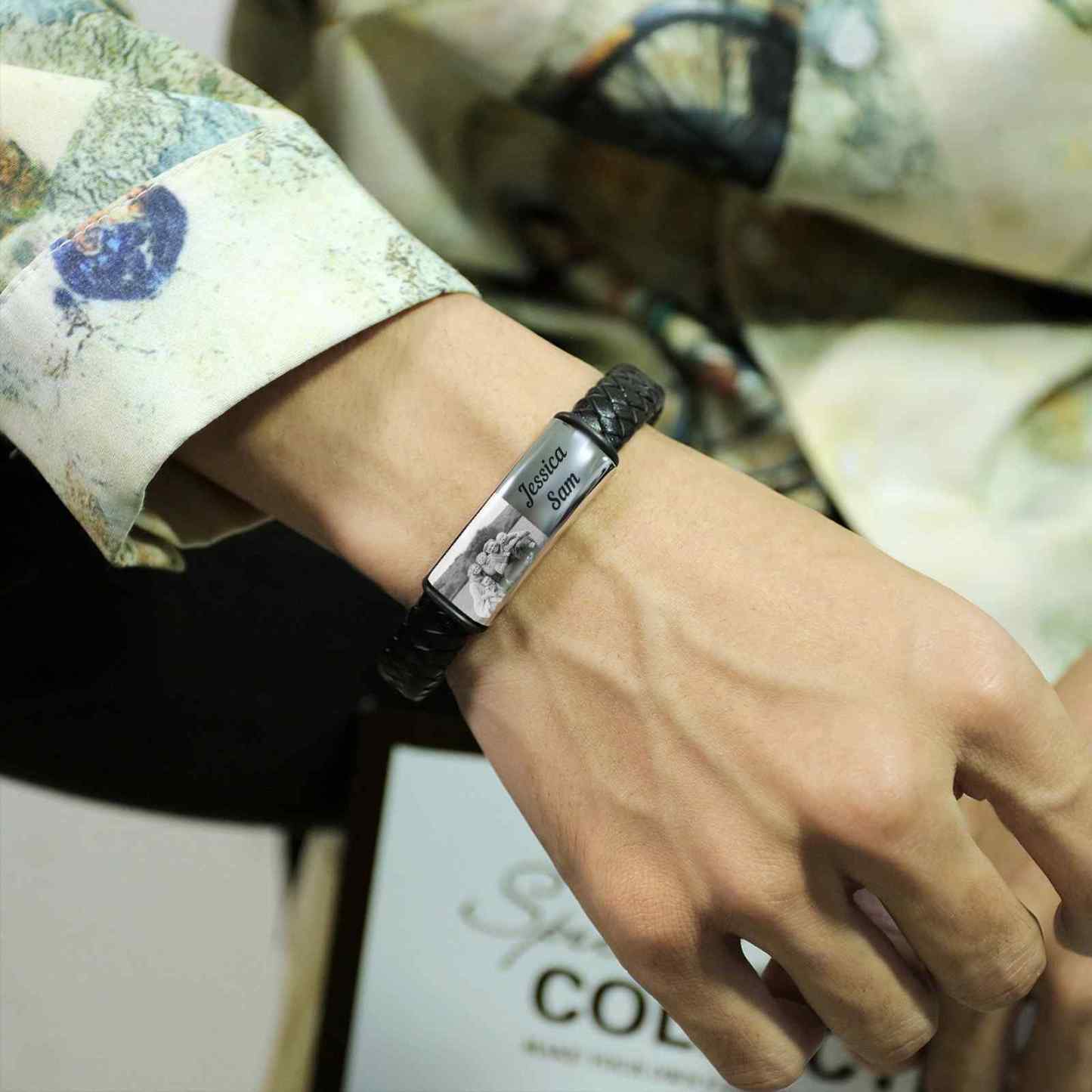 A mi papá-Pulsera de cuero trenzado personalizada con 2 nombres y 1 foto para hombre