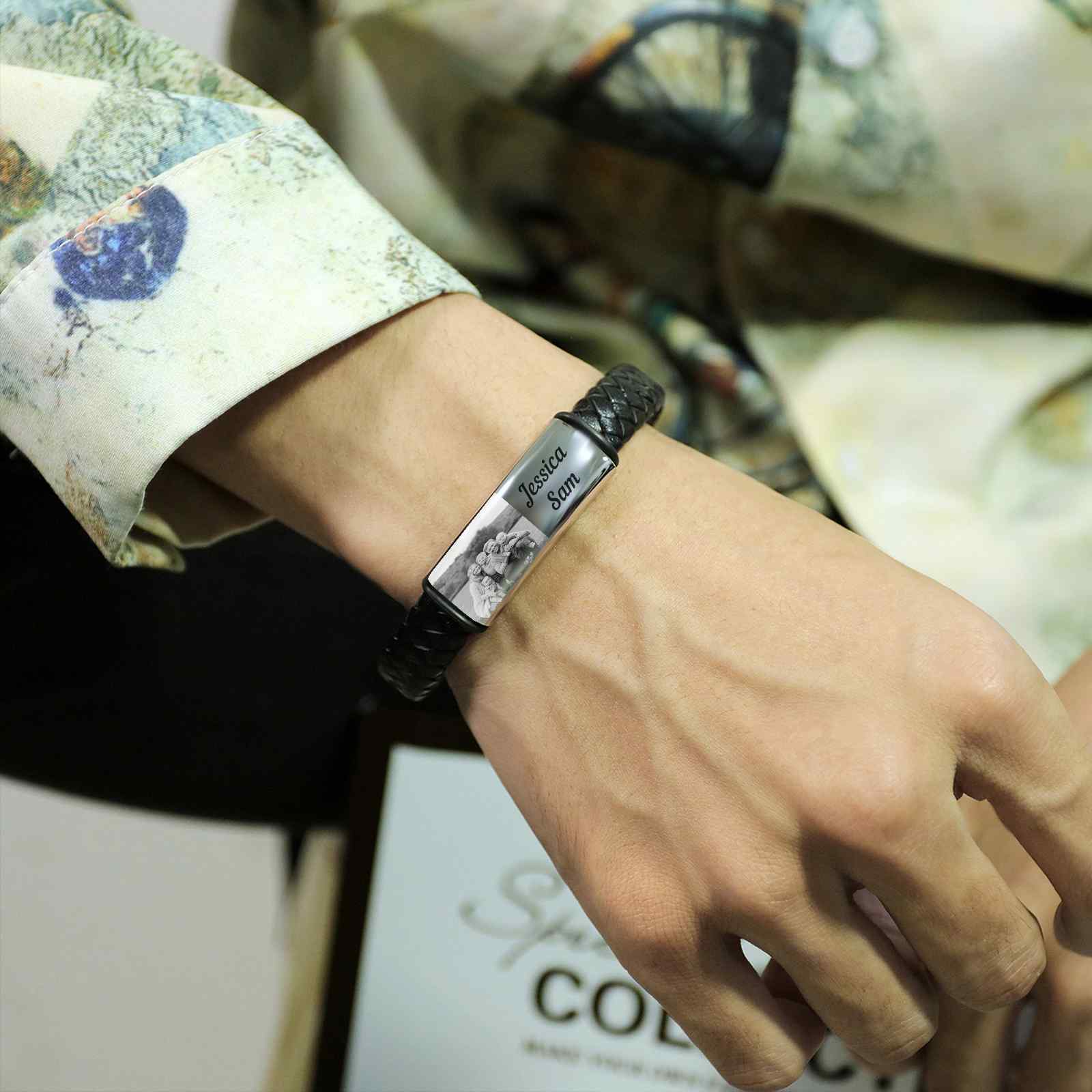 A mi papá-Pulsera de cuero trenzado personalizada con 2 nombres y 1 foto para hombre