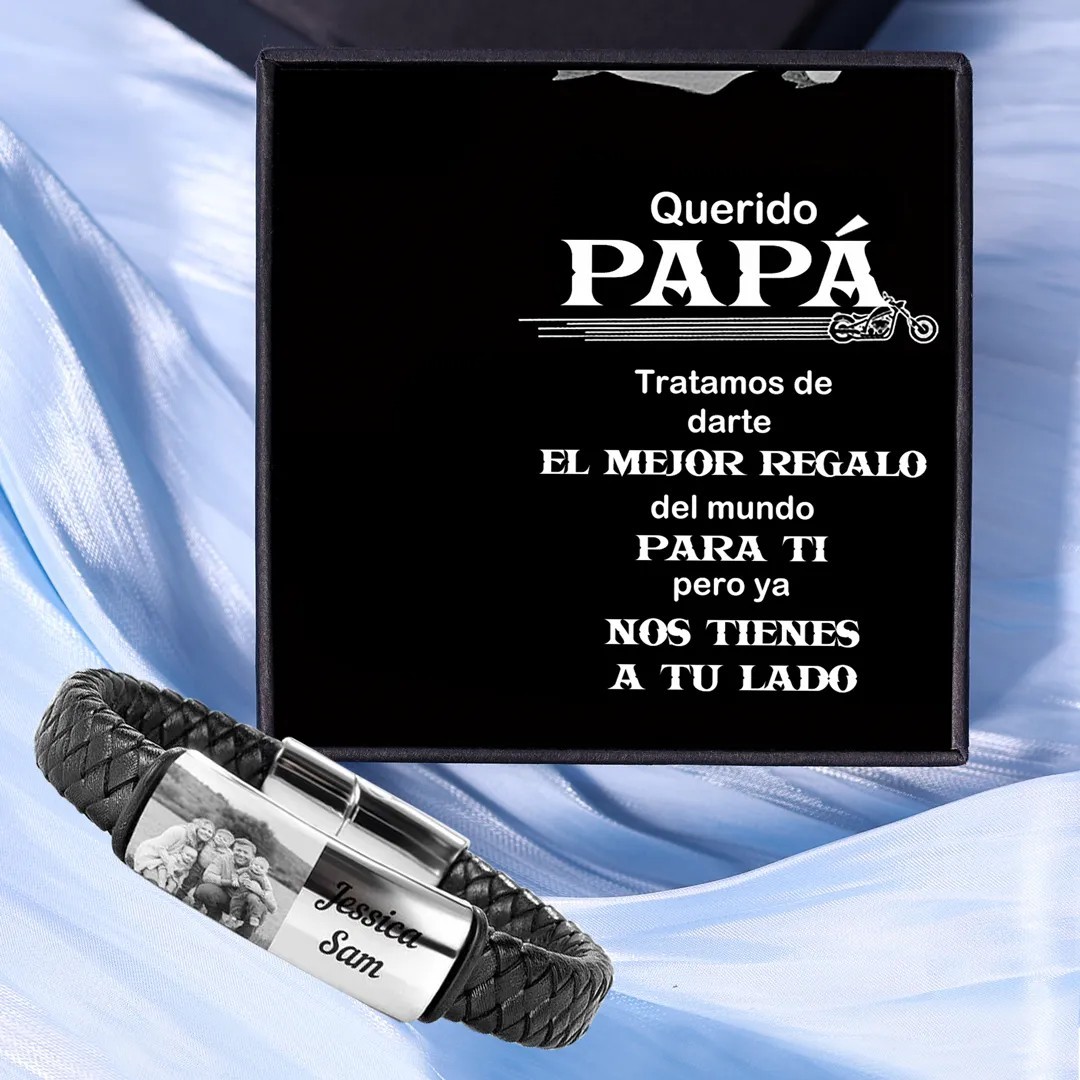 A mi papá-Pulsera de cuero trenzado personalizada con 2 nombres y 1 foto para hombre