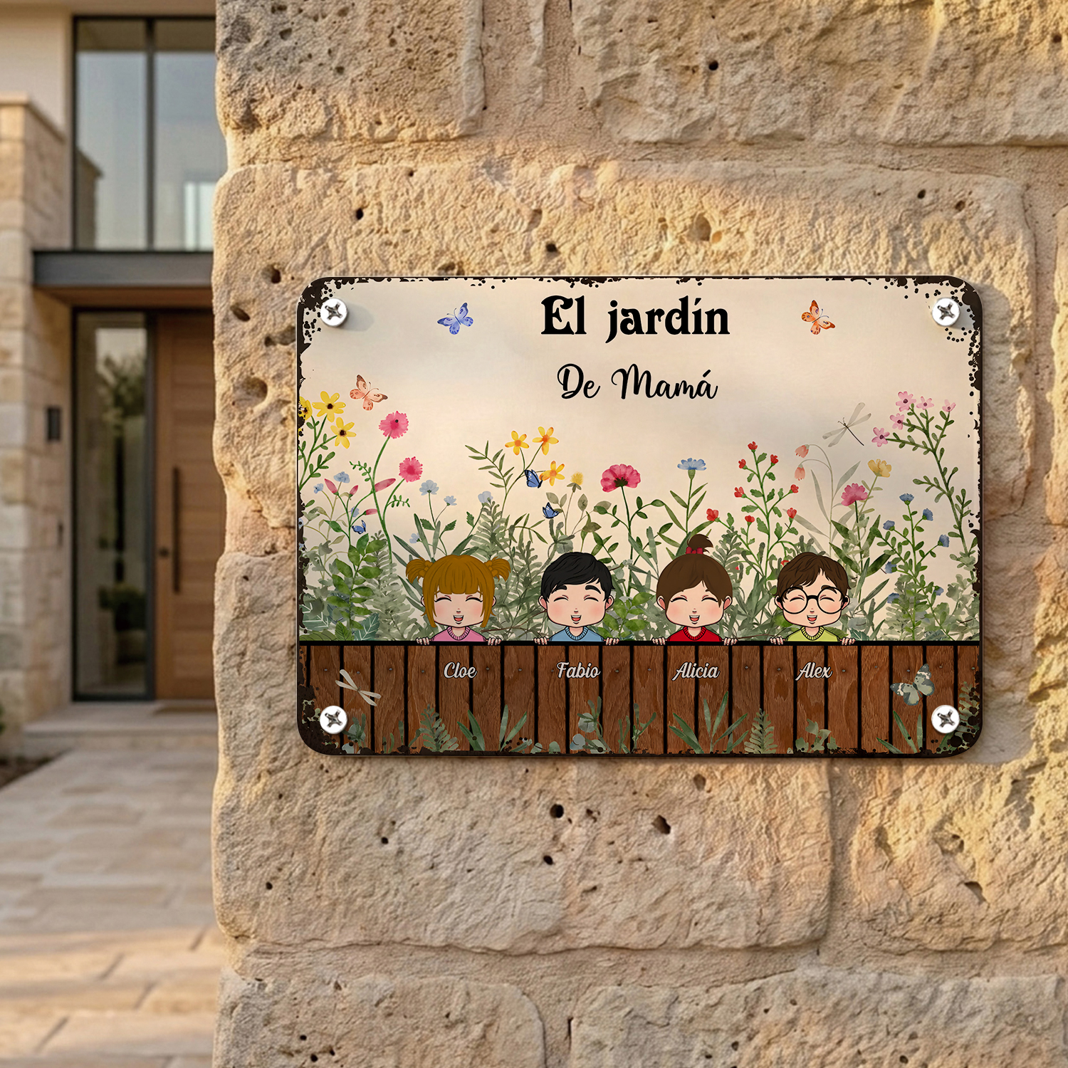 Placa metálica personalizada para el jardín floral de los abuelos con los nombres de 1 a 9 hijos