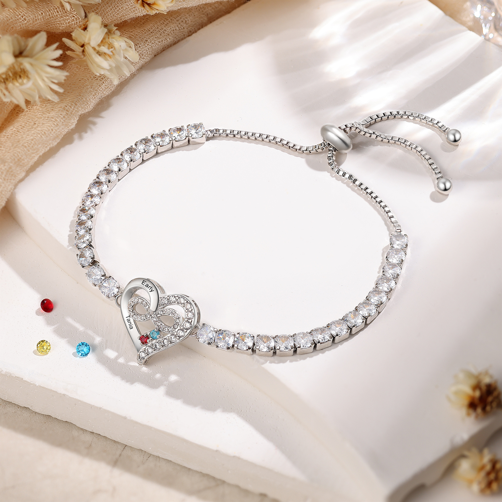 Pulsera de tenis personalizada con corazón infinito, 2-4 Nombres y piedras de nacimiento personalizables, ajustable con circonitas cúbicas