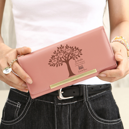 Cartera de piel rosa para mamá con árbol genealógico familiar de guijarros personalizable con 2 a 6 nombres