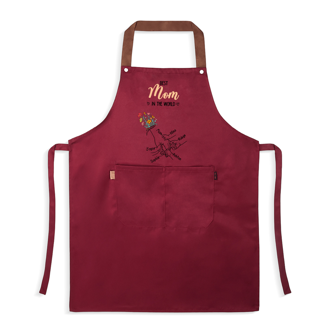 Delantal de cocina floral personalizado con manos entrelazadas, personalizado con 2–7 nombres, regalo para mamá o abuela