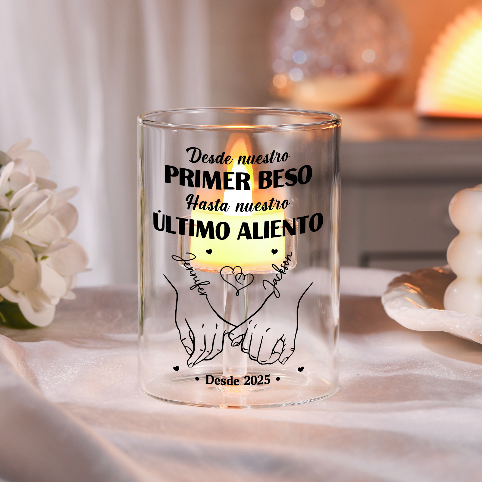 Portavelas de cristal personalizado sin vela - Desde nuestro primer beso hasta nuestro último aliento