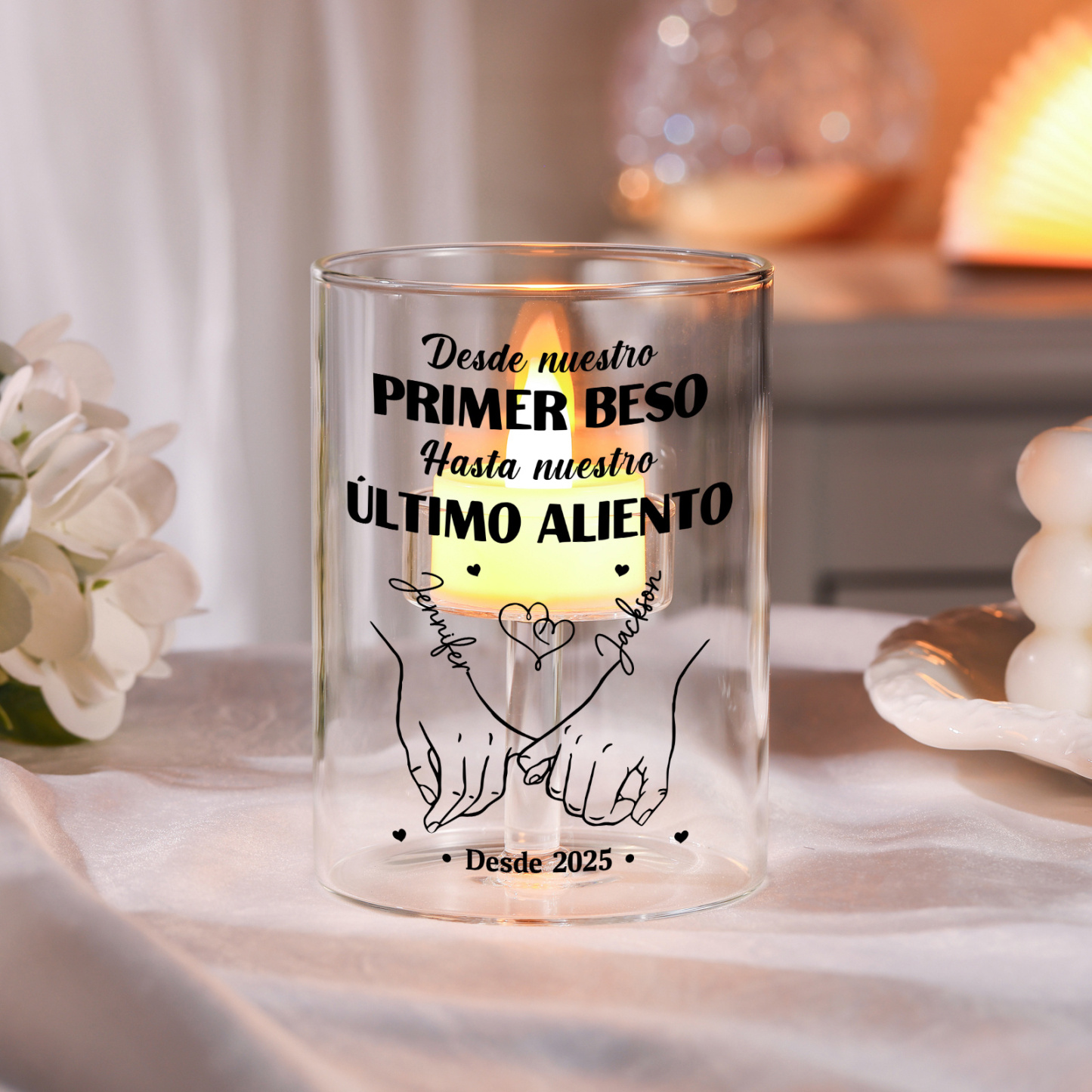 Portavelas de cristal personalizado sin vela - Desde nuestro primer beso hasta nuestro último aliento