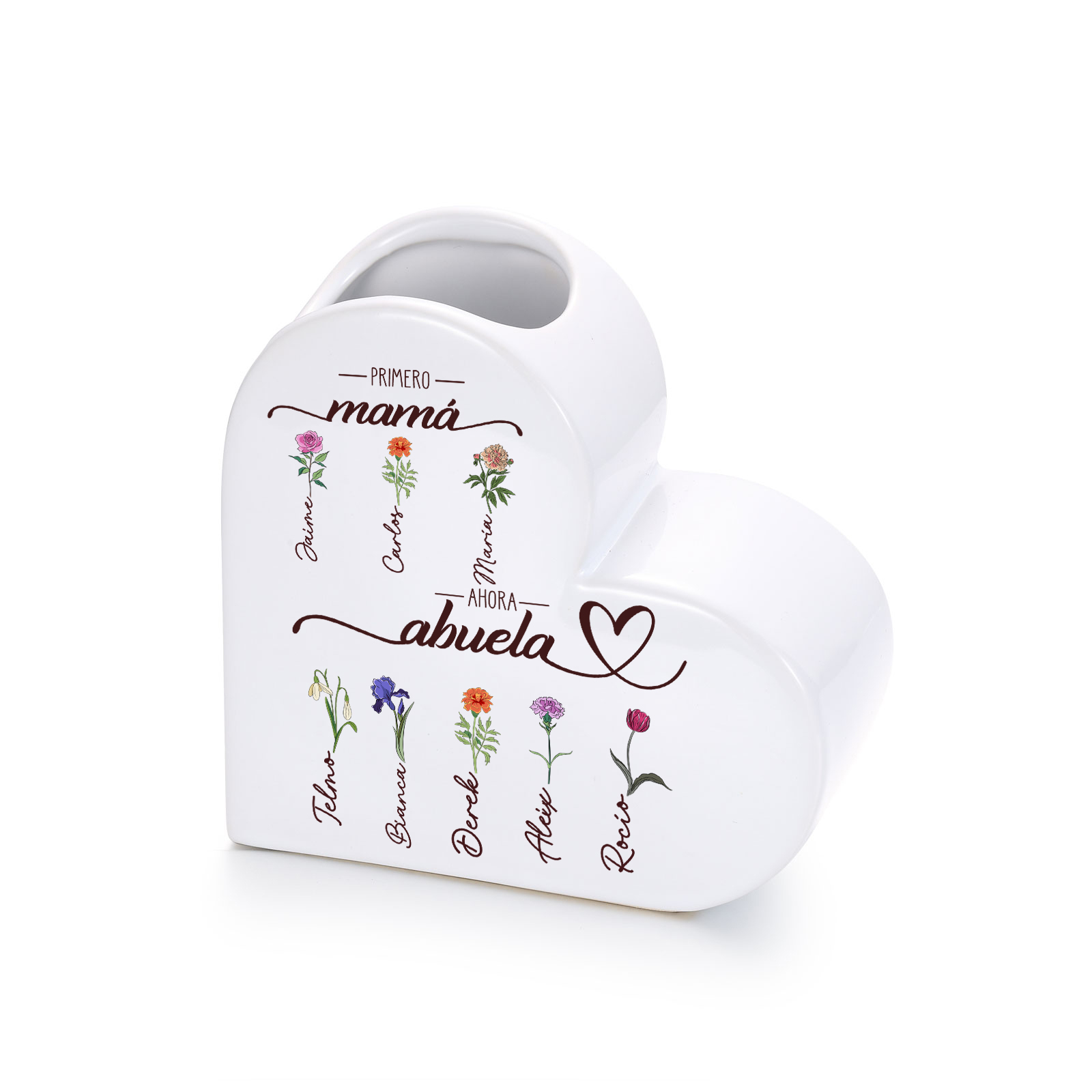 Jarrón de cerámica personalizado con forma de corazón «Primero mamá, ahora abuela», personalizado con 2–10 flores de nacimiento y nombres