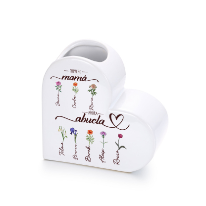 Jarrón de cerámica personalizado con forma de corazón «Primero mamá, ahora abuela», personalizado con 2–10 flores de nacimiento y nombres