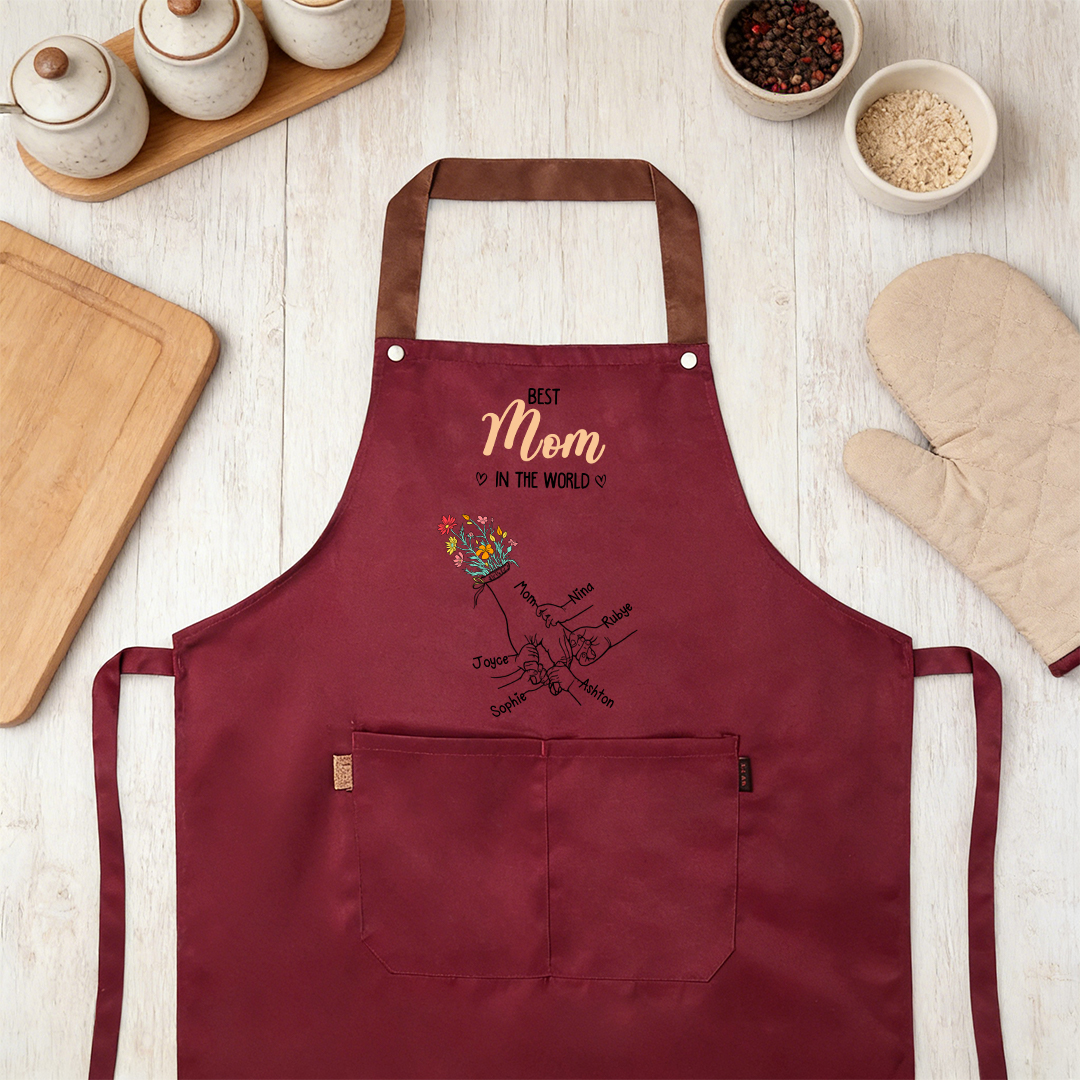 Delantal de cocina floral personalizado con manos entrelazadas, personalizado con 2–7 nombres, regalo para mamá o abuela