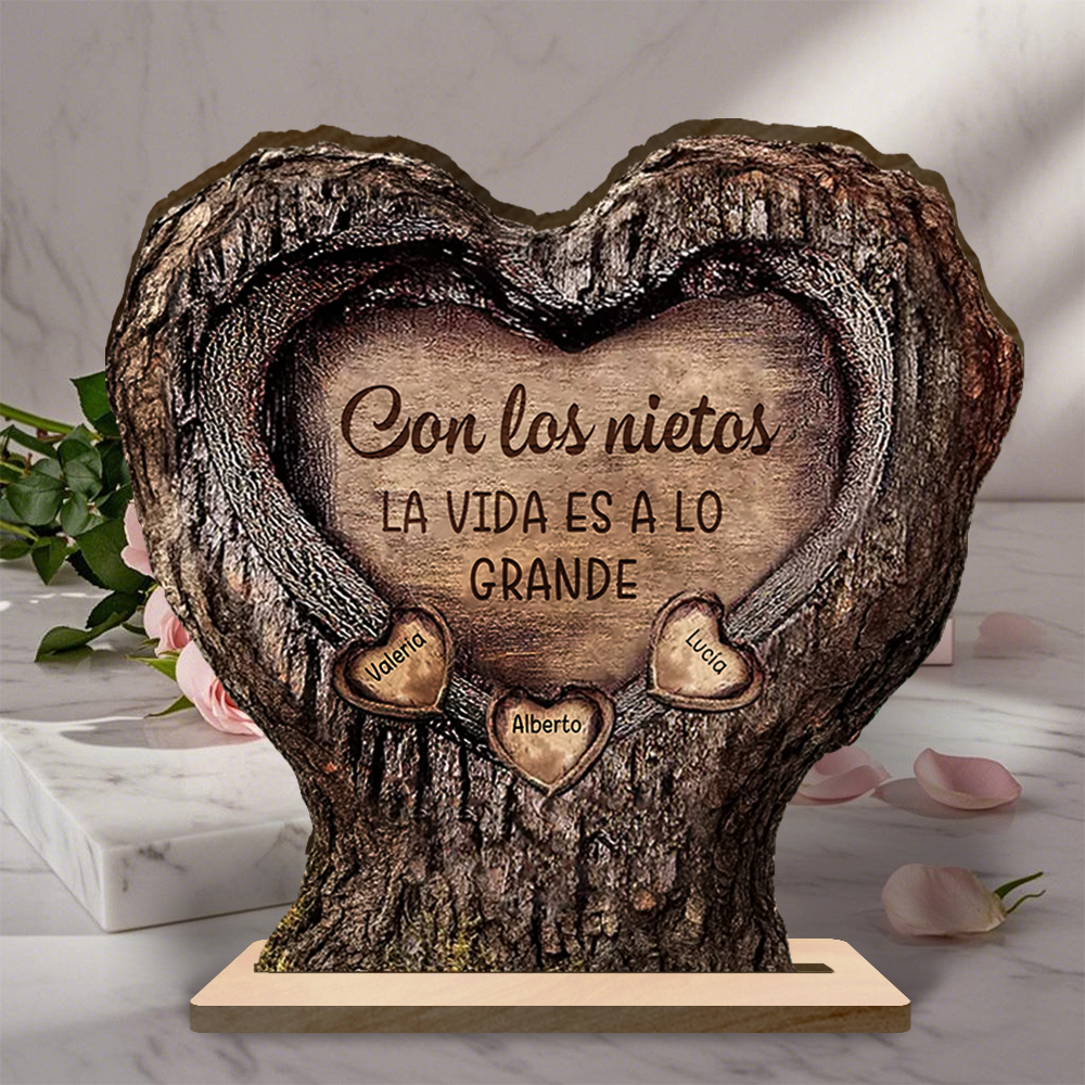 Placa de Madera Personalizada corazón-tronco con los nombres de los nietos, regalo para el Abuelo y la Abuela