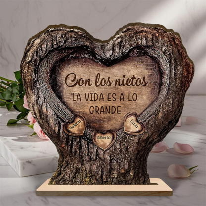 Placa de Madera Personalizada corazón-tronco con los nombres de los nietos, regalo para el Abuelo y la Abuela