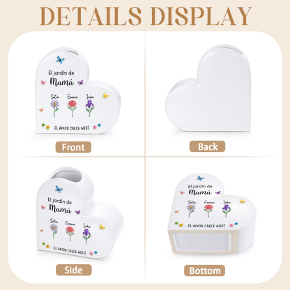 Jarrón de cerámica en forma de corazón personalizado con 1 a 10 nombres y flores de nacimiento para mamá/abuela